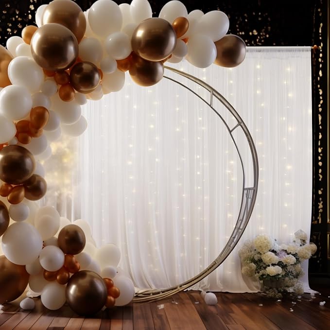 10x8ft White Tulle Backdrop Curtain with Lights String for Parites, Sheer Backdrop Curtains for Wedding Baby Shower Birthday Party Photo Shoot Decorations