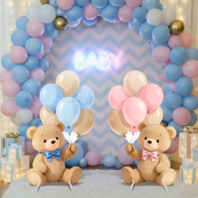 2Pcs Gender Reveal Bear Cardboard Cutouts Standup, Pink Blue Bear Baby Shower Birthday Party Decorations, He or She Photo Booth Props Yard Signs with Stakes & Stands for Indoor Outdoor Use