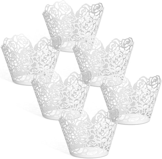 GWHOLE White Cupcake Wrappers, 50pcs Cupcake Liners with Rose Design Laser Cut Liners for Wedding Birthday Baby Shower Party Decorations Fancy Small Cupcake Decorations for Regular Cupcak