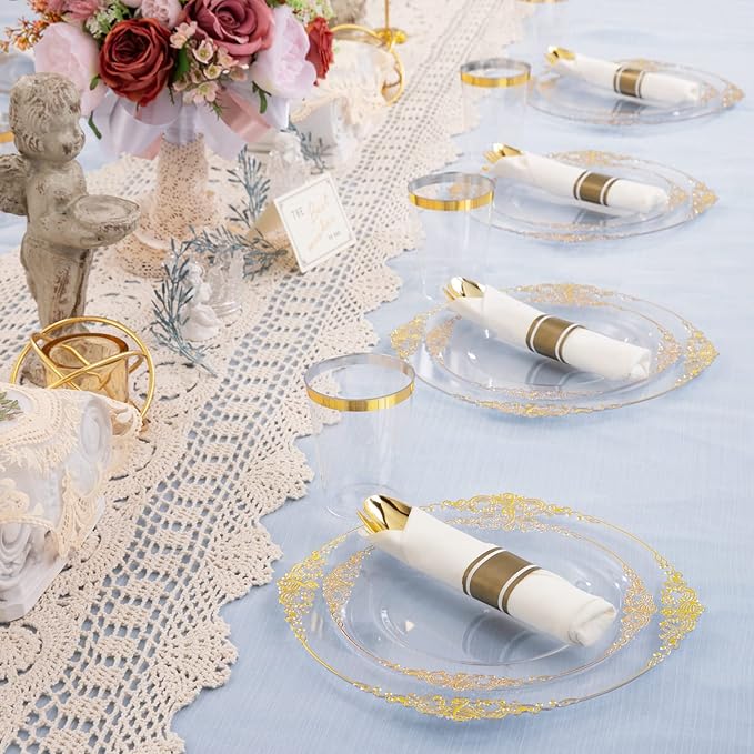 Hioasis 350pcs Clear and Gold Plates - Clear Party Plates for 50 Guest, Include 100 Heavy-duty Plates(20% Thicker Than Standard), 50 Pre Rolled Gold Plastic Silverware Set, 50 Cups