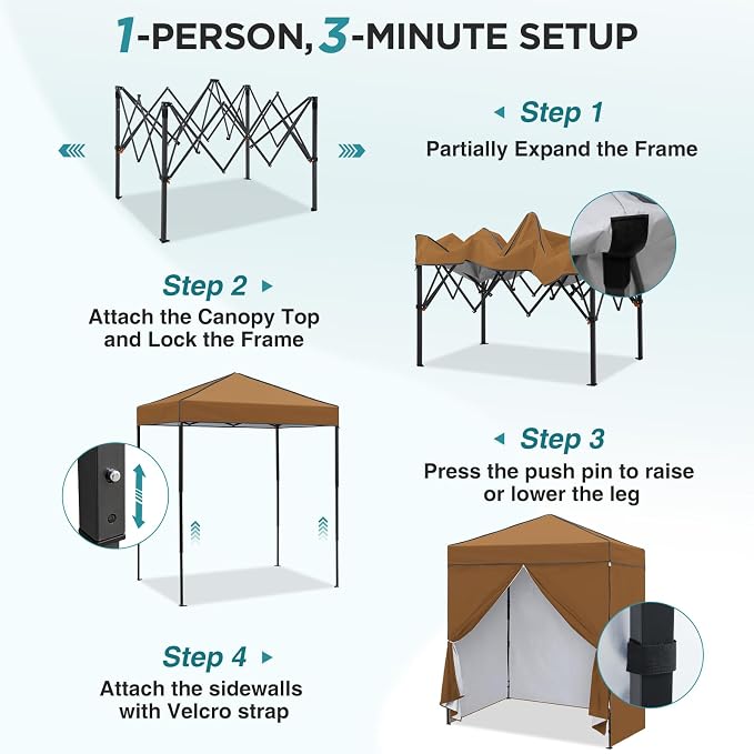 EAGLE PEAK 6x4 Instant Pop Up Canopy Tent with 4 Side Wall Panels, Straight Leg Sun Shelter, Portable Canopy with Carry Bag for Camping, Beach & Sports, Khaki