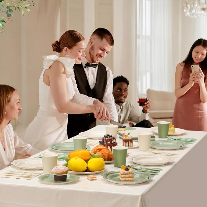 Ceenna 390 Pcs Sage Green Party Decoration for 48 Guests, Gradient Sage Green Beige Paper Plates Napkins Cups Tablecloth Cutlery Disposable Tableware Set for Birthday Baby Shower Wedding Party Supply