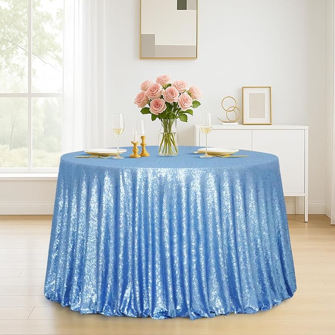 Eternal Beauty Baby Blue Tablecloth, 120 Inch Round Sequin Tablecloth for Party Cake Dessert Table Exhibition Events