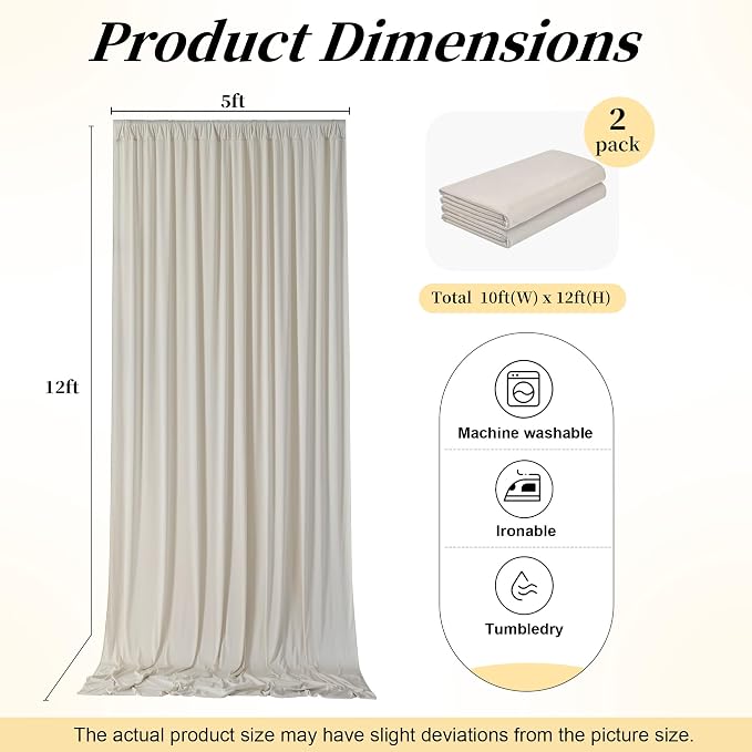 12ft x 10ft Wrinkle Free Beige Backdrop Curtains for Parties, Silky Photo Backdrop Drapes 12FT Long Back Drop Cloth for Wedding Birthday Photography Background Decor