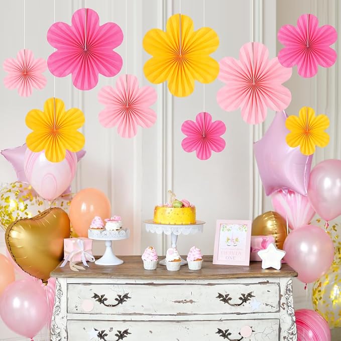 DODOKIM Paper Fans Party Decorations Paper Flowers Decorations for Wall Floral Backdrop Classroom Baby Shower Birthday Party Flower Wall Decor Pack of 9 Pink Yellow