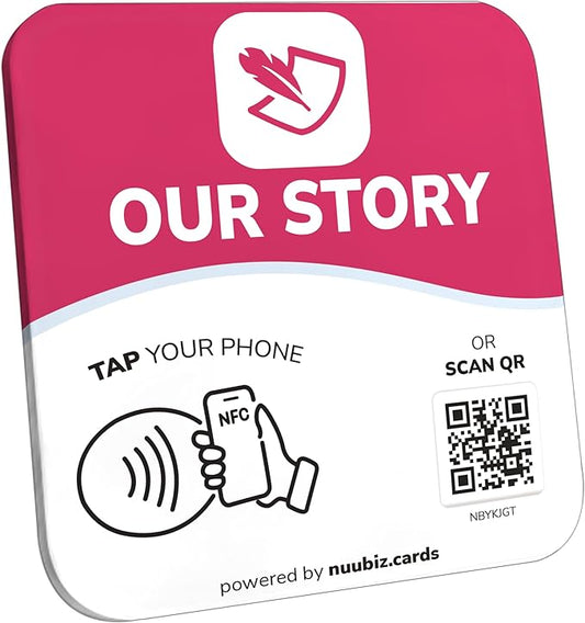 NFC Business QR Code Sign Plate for Sharing Your Brand Story – Drive Offline Engagement Online – Works Like Review Tap Card & Social Media Sign – No App or Fees – Includes Stand or Adhesive