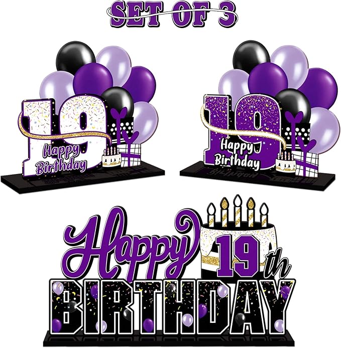 LINGTEER Happy 19th Birthday Purple Acrylic Table Topper Centerpieces Set - Cheers to Nineteen Years Old Birthday 19th Bday Party Gift Decorations.