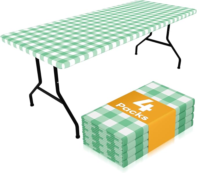 Smiry Picnic Table Cloth 4 Pack, Waterproof Elastic Fitted Tablecloths for 6FT Rectangle Tables, Washable Polyester Buffalo Plaid Tablecloth for Camping& Outdoor (Sage Green & White, 30" x 72")