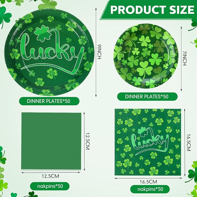 Funnymoom 200Pcs St Patrick's Day Party Supplies Kit Lucky Clover Disposable Paper Dinner Plates Dessert Plates Shamrock Luncheon Napkins and Beverage Napkins for Irish Decorations Supplies 50 Guests