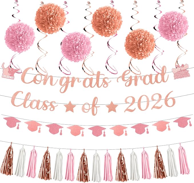Rakuto Pink Graduation Decorations 2026, 32PCS Congrats Grad Class of 2026 Glitter Banners with Hanging Swirls Party Decorations, Congratulations Grad Paper Pom Poms and Tassel Garland Decor