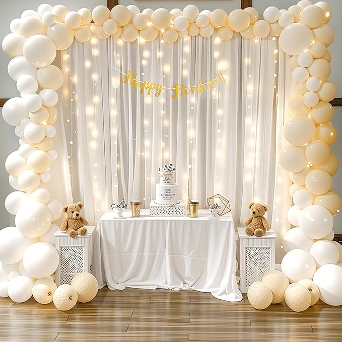 20ft x 10ft Ivory Chiffon Backdrop Curtain with Lights String for Parties,4 Panels Sheer Tulle Curtain Wedding Backdrop for Baby Shower Birthday Party Ceremony Reception Home Decorations