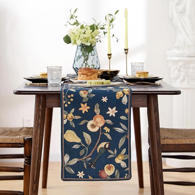 bilin gaier Linen Blue Table Runner 63 Inches Long,Wrinkle-Resistant Vintage Rustic Farmhouse Floral Table Runners,Decor Luxury Vintage Runner Table Cloth for Coffee & Dining Table,12"x63"-Dewey B