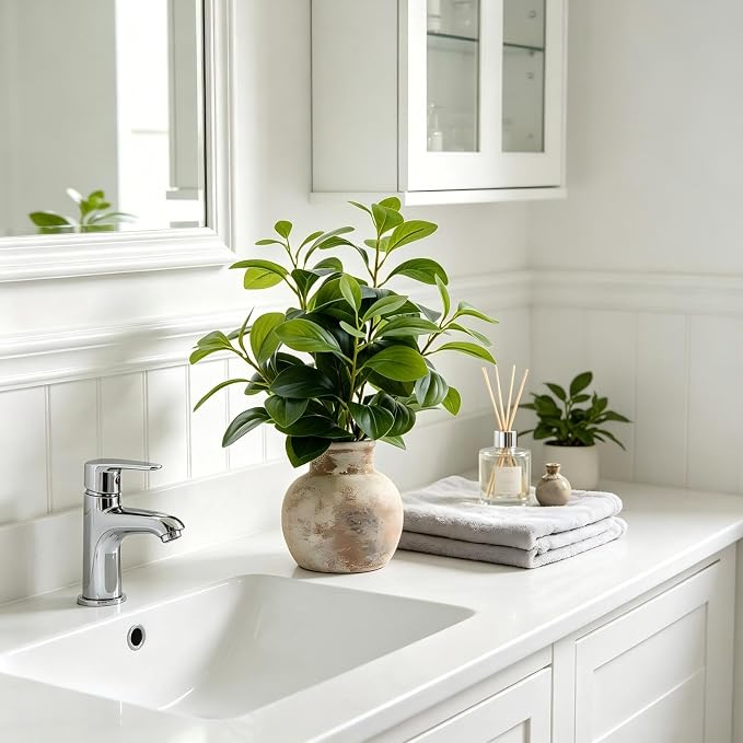 AlphaAcc 17" Artificial Fig Leaf Plant in Vintage Ceramic Pot - Faux Ficus Greenery for Kitchen, Living Room & Rustic Decor