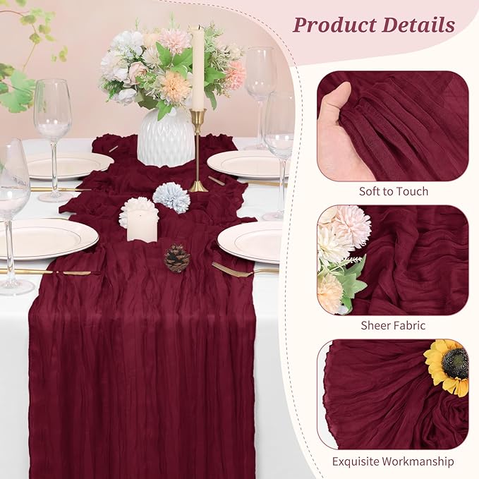 10 Pack Cheesecloth Table Runner Burgundy, Rustic Boho Gauze Fabric Table Runner Romantic Table Runner for Wedding, Festival, Birthday, Anniversary, Dinner and Outdoor Events (17.7 x 108 inch)