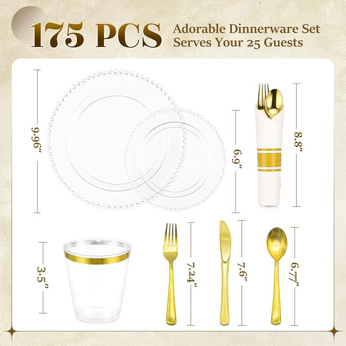 175pcs Plastic Dinnerware Set Clear 25 Guests for Wedding | Fancy Beaded Plastic Plates Include 50 Elegant Plastic Plates,25 Cups and 25 Pre Rolled Napkins with Cutlery Set