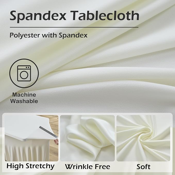 NSSONBEN 2 pk Ivory Spandex Tablecloth for 8 Foot Rectangle Tables,Wrinkle Free High Stretch Cream Fitted Tablecloths with Ruffle Skirt, Elastic Spandex Table Covers 8ft for Parties Weddings Banquet