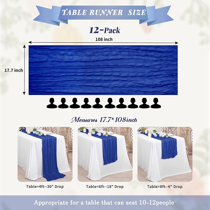 Pesonlook 12 Pack Royal Blue Table Runner, Cheesecloth Table Runner Long Romantic Semi Sheer Rustic Boho Gauze Table Runners for Wedding Bridal Shower Birthday Party Decorations(17.7×108 Inch)