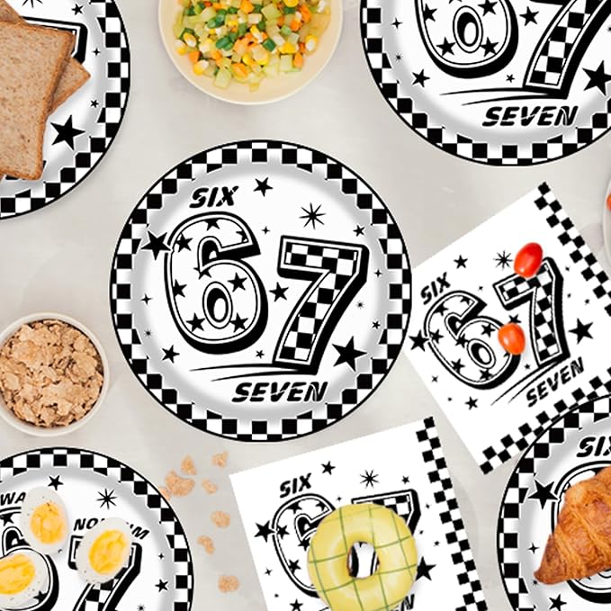 170Pcs 6 7 Birthday Decorations, Black White Checkered Themed Disposable Table Cover, and I Was 6 Now I'm 7 Seven Birthday Theme Party Tableware Set For 24 Guests