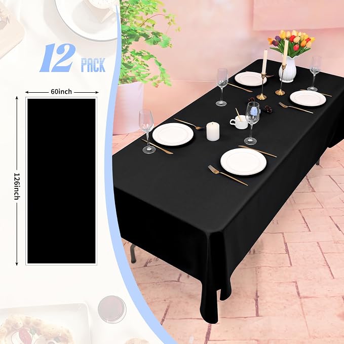 12 Pack Black Tablecloth 60x126 Inch Rectangular Table Cover | Wrinkle Resistant, Machine Washable Reusable, Wedding, Banquet, Restaurant, Party, Baby Shower,Indoor Outdoor Events