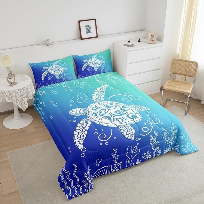 Feelyou Sea Turtle Comforter Set King Size Kids Ombre Art Comforter for Boys Girls Teens Marine Themed Bedding Set Underwater Animal Duvet Set Ocean Creature Quilt