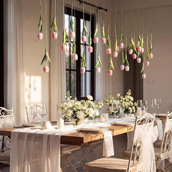 24 Pack Light Pink 5 ft Artificial Tulips Hanging Flower Garland Decorations Spring Summer Dangling Faux Tulip Floral Vine Strings with Hooks for Wall Ceiling Wedding Tea Party