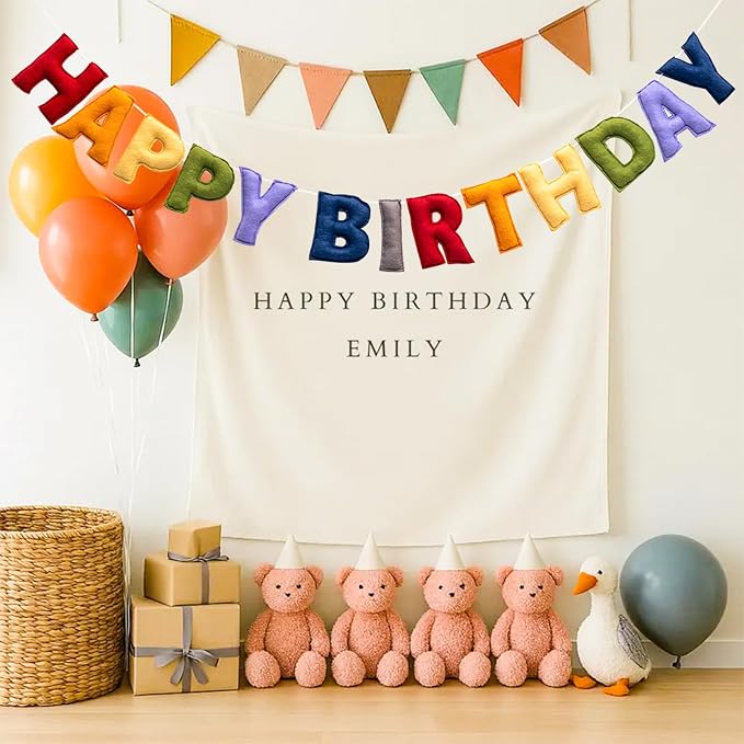 Pre-Strung Happy Birthday Banner - Retro Classic Birthday Party Decorations - Reusable HAPPY BIRTHDAY Garland, Boy Girl Birthday Felt Banner, Happy Birthday Sign for Holiday Party Decor, Photo Prop (Retro Classic Color)