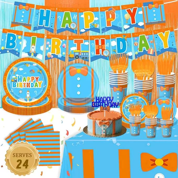 171PCS Kids Birthday Party Decorations Tableware Set - Blue & Orange Party Supplies for Boys & Girls - Includes Plates, Cups, Napkins, Cutlery, Tablecloth, Foil Fringe Curtains - Serves 24 Guests