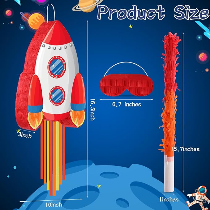 Rocket Pinata Space Pinata with Blindfold and Bat Space Themed Party Supplies for Girls Boys Kids Birthday Party Game Toys Favors Decorations, 16.5 x 10.7 x 3 Inches