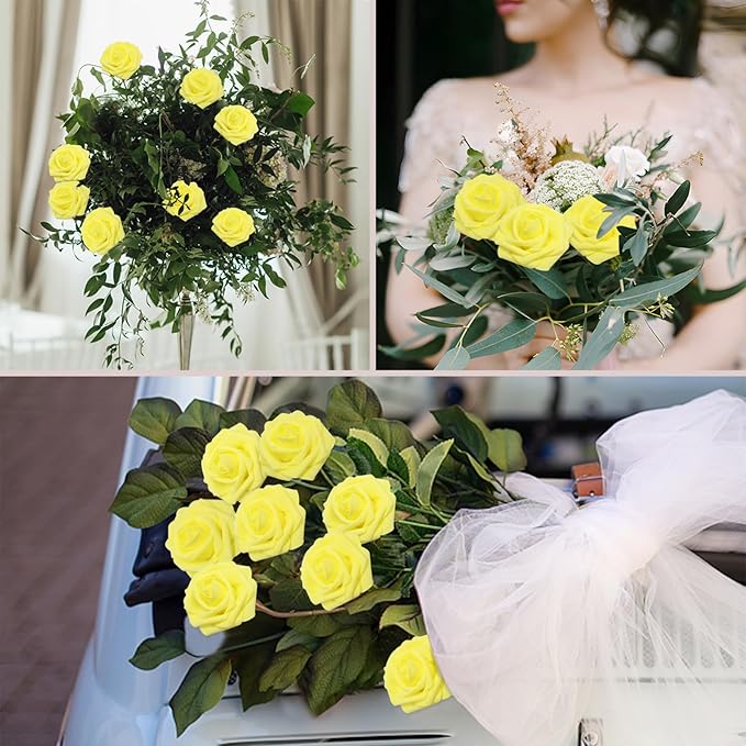 100PCS Yellow Artificial Flowers Roses Real Looking Foam Fake Roses with Leaves and for DIY Wedding Bouquets Bridal Shower Centerpieces Party Decorations (Yellow, 100)
