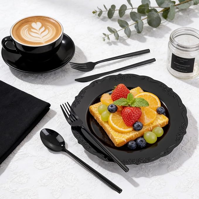 Tinybee 150PCS Black Plastic Silverware - Heavy Duty Disposable Silverware, Luxury Black Plastic Utensils - Elegant Disposable Utensil Include 50 Knives,50 Forks,50 Spoons for Party&Wedding