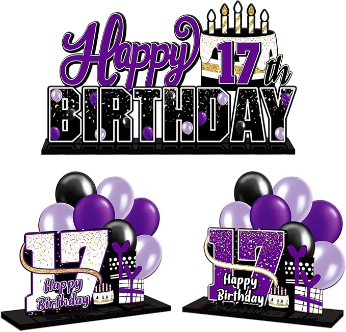 LINGTEER Happy 17th Birthday Purple Acrylic Table Topper Centerpieces Set - Cheers to Seventeen Years Old Birthday 17th Bday Party Gift Decorations.