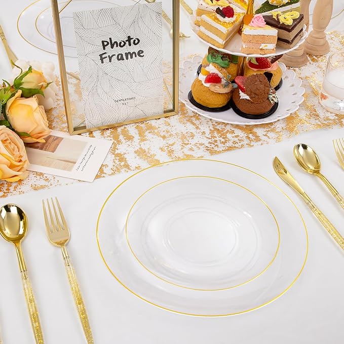 Liacere 150PCS Clear Gold Plastic Plates - Gold Plastic Silverware with Glitter Handle - Clear Disposable Plates Include 30 Guests Plates, Forks, Spoons, Knives for Wedding & Party