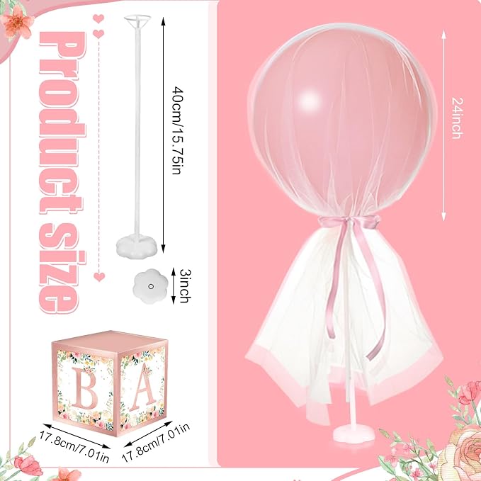 6 Set Pink Girl Tulle Tutu Balloon with Letter Boxes Baby Shower Table Centerpieces Decor for Gender Reveal 24'' Balloons White Tulle Cover with Stand, Boxes for Girl Boy Wedding Birthday Party