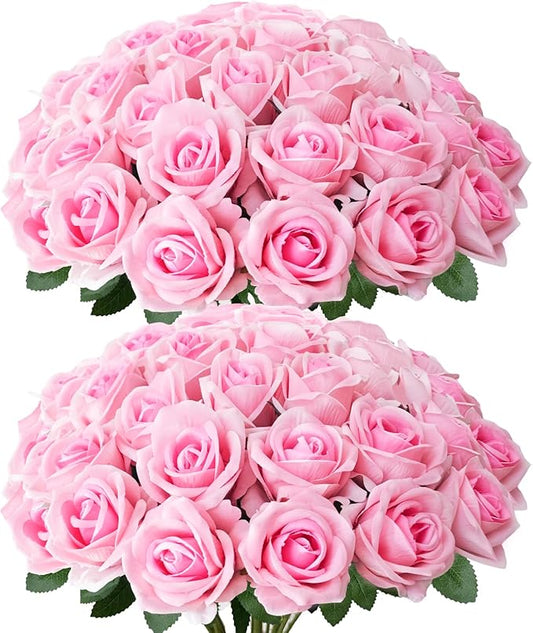 50Pcs Pink Roses Artificial Flowers with Stems，Fake Roses Bouquet Fake Flowers Bulk，Silk Velvet Roses for Wedding Centerpieces Arrangement Baby Shower Birthday Home Decor Gifts