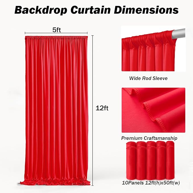 50ft×12ft Red Backdrop Curtain for Wedding Parties, 10 Panels Wrinkle Free Polyester Photo Backdrop Drapes Back Drop Cloth for Memorial Day Birthday Photography Background