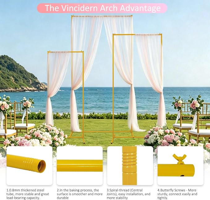 Vincidern Metal Square Wedding Arch Backdrop Stand Set of 3, Party Arch Stand, Balloon Arch Backdrop for Wedding, Baby Shower, Birthday Party, Graduation Decor, Gold (6.6FT, 5.9FT, 4.9FT)