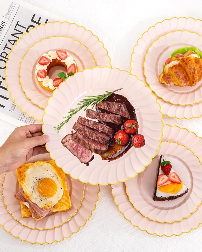 YOUBET 100PCS Pink Scalloped Plastic Plates - Heavy Duty Gold Disposable Fancy Hard Plates Include 50 Dinner Plate, 50 Dessert Plate, for Wedding & Party