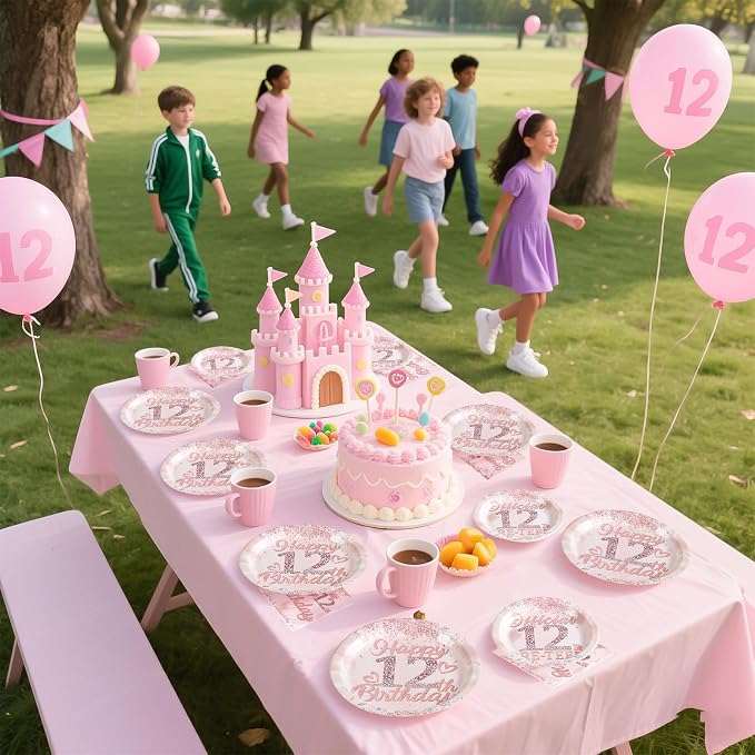 Grencian 12th Birthday Decorations Rose Gold 12th Birthday Plates and Napkins Disposable Rose Gold Official 12 Pre-Teen Paper Tableware Set for Girls 12 Year Old Graduation Party Supplies, Serves 24