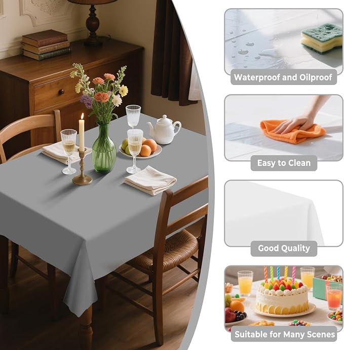 54IN X 320FT Plastic Table Cover Roll with Cutter Box, Cut to Size Plastic Table Cloths for Parties, Birthday, Disposable Tablecloth Roll for All Shape Tables (Silver Grey, 54 Inch X 320 Feet)