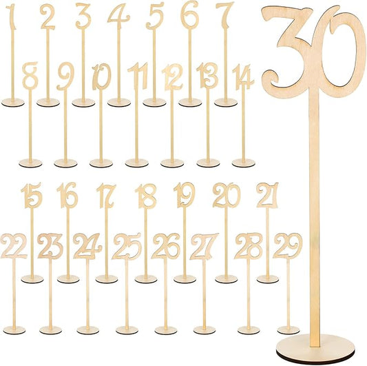30 Pcs Wood Table Numbers Wedding 1-30 for Reception Stands Seat Table Numbers with Holder Base for Wedding Party Event Catering(Wood Color)