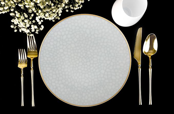 PLASTICPRO 30 Pack Hammered Plastic Plates Heavyweight Disposable Plastic Plates Elegant Transparent White With Gold Rim Platsic Party Dishes (Transparent White With Gold Rim, 9'' INCH PLATES)