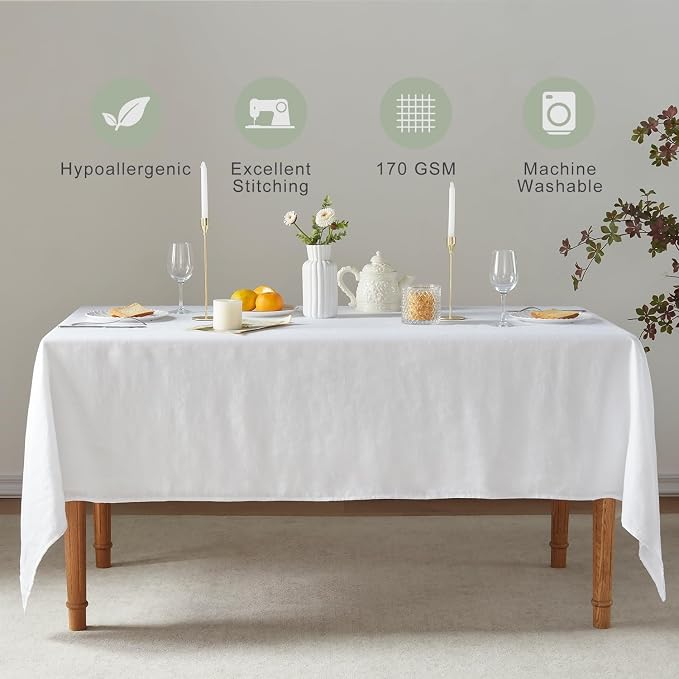 TOSMO French Linen Tablecloth, Washable Farmhouse Rectangle Table Cloth for Kitchen, Dining, Party, Cocktail, Indoor and Outdoor Daily Use(60''x108'',White)