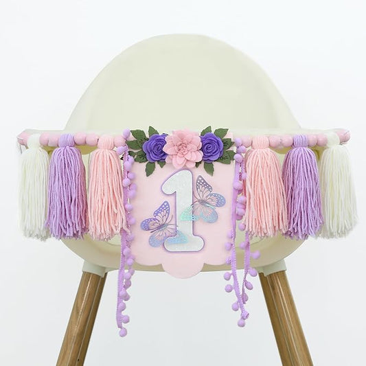 DCJHFJ Handmade Butterfly Wildflower 1st Birthday High Chair Banner Purple Pink Floral Theme Party Decoration for Girls Wall Hangings Decorative