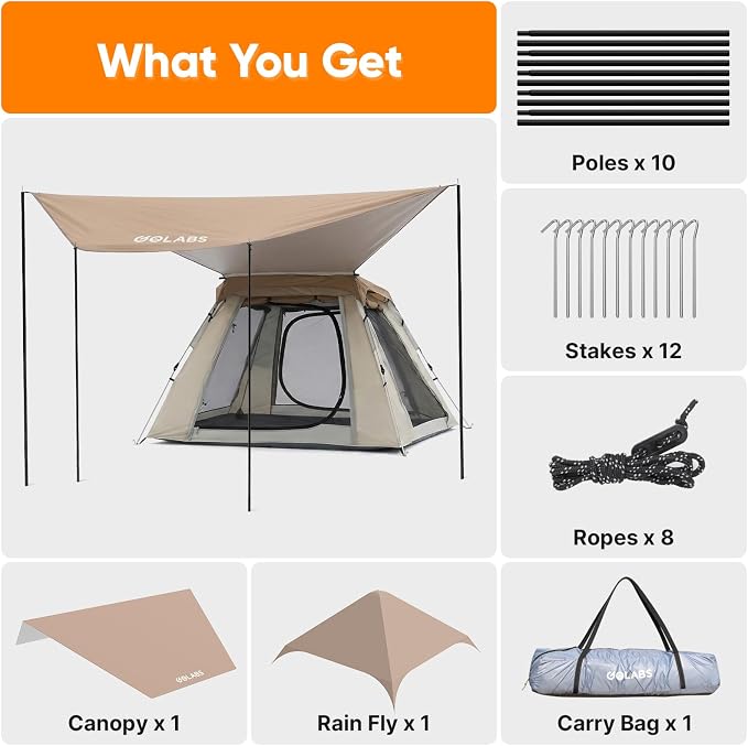 Golabs Pop Up Camping Tent for 2/3/4 Person, 1-Min Setup by Pre-Attached Pole, 4 Side Mesh& Door for View/Airflow, CT2 Instant Canopy Tent with PU1500mm Waterproof, for Outdoor/Camping/Music Festivals