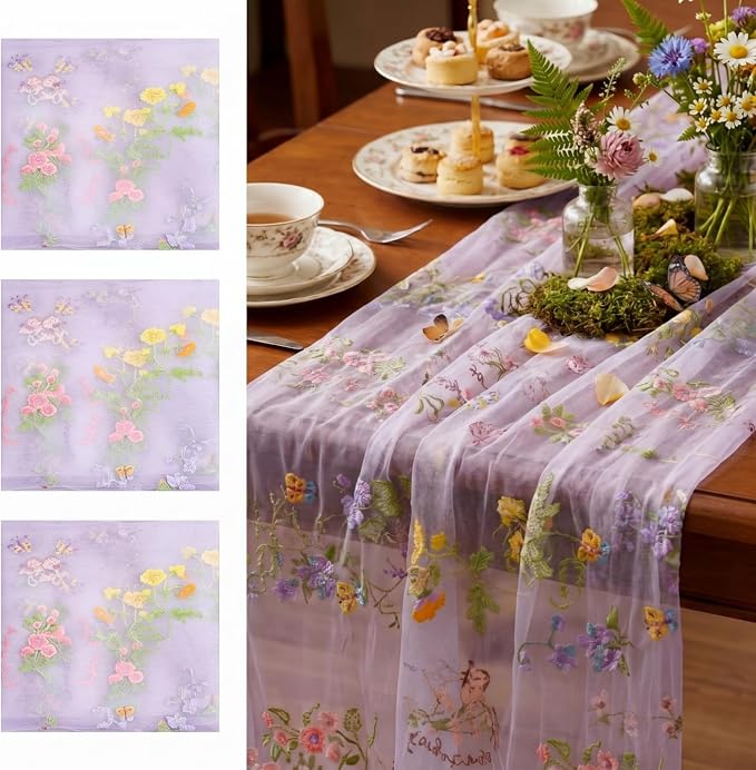 Purple Floral Table Runner 10ft Embroidery Tulle Spring Wildflower Gauze Table Runner Seasonal Summer Butterfly Kitchen Dining Decoration for Wedding Baby Shower Birthday Party (3 Pcs)