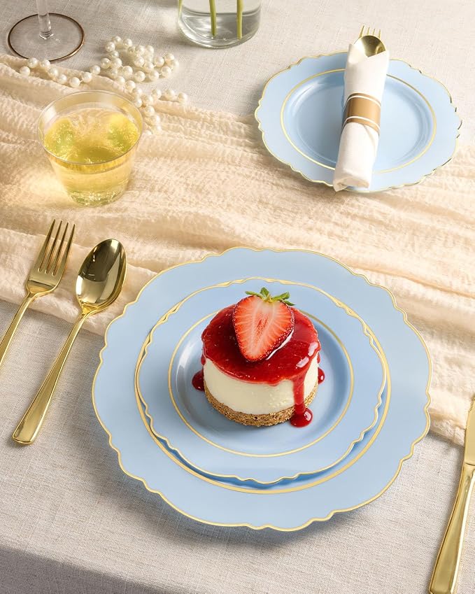 realluck 350 Piece Light Blue Plastic Dinnerware Set for 50 Guests Elegant Disposable Dinnerware for Weddings, Parties, 100 Plastic Plates, 50 Pre Rolled Napkins with Silverware, 50 Cups