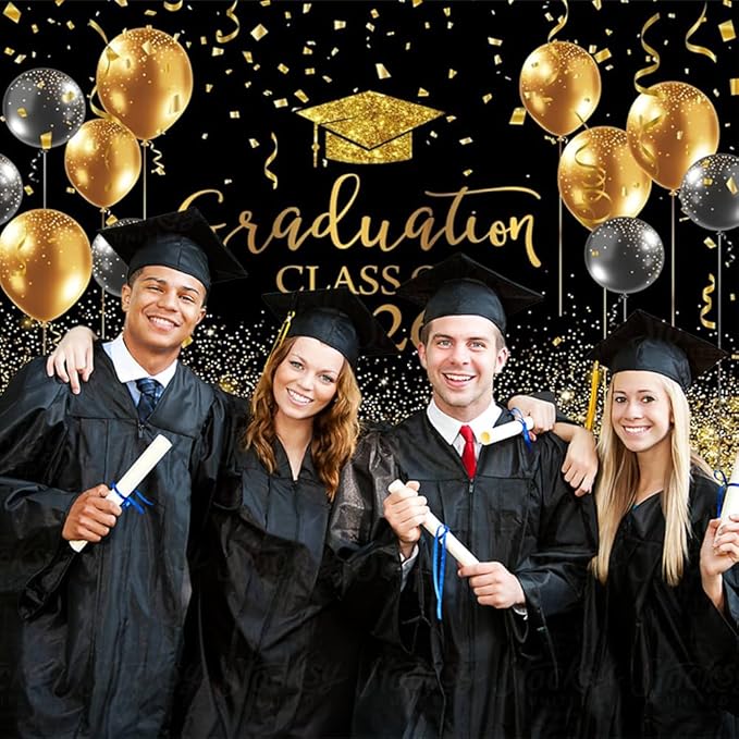 DASHAN 10x8ft Graduation Decorations Backdrop Black Gold Congrats Grad Class of 2026 Backdrop for Photography Graduation Ceremony Party Supplies Background Cake Table Banner Decor Photo Booth Props
