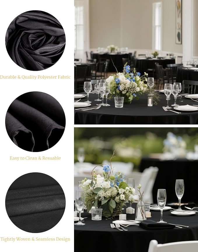 BESTVIP 6 Pack 90 Inch Black Round Polyester Tablecloth for 36"-66" Tables | Washable Reusable Decorative Fabric Cover, Ideal for Wedding, Party, Holiday, Restaurant & Event Decoration