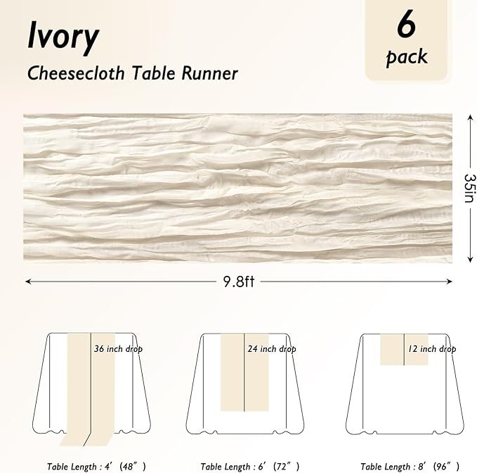12 Pack Ivory White Cheesecloth Table Runner 120 Inch 10FT Cheese Cloth Runners for Soccer Party Theme, Wedding Decoration, Banquet, Boho Decor
