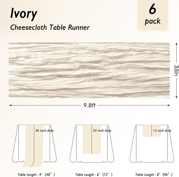 6 Pack Ivory White Cheesecloth Table Runner 120 Inch 10FT Cheese Cloth Fabric Runners for Football Theme, Wedding Decoration, Banquet, Boho Decor